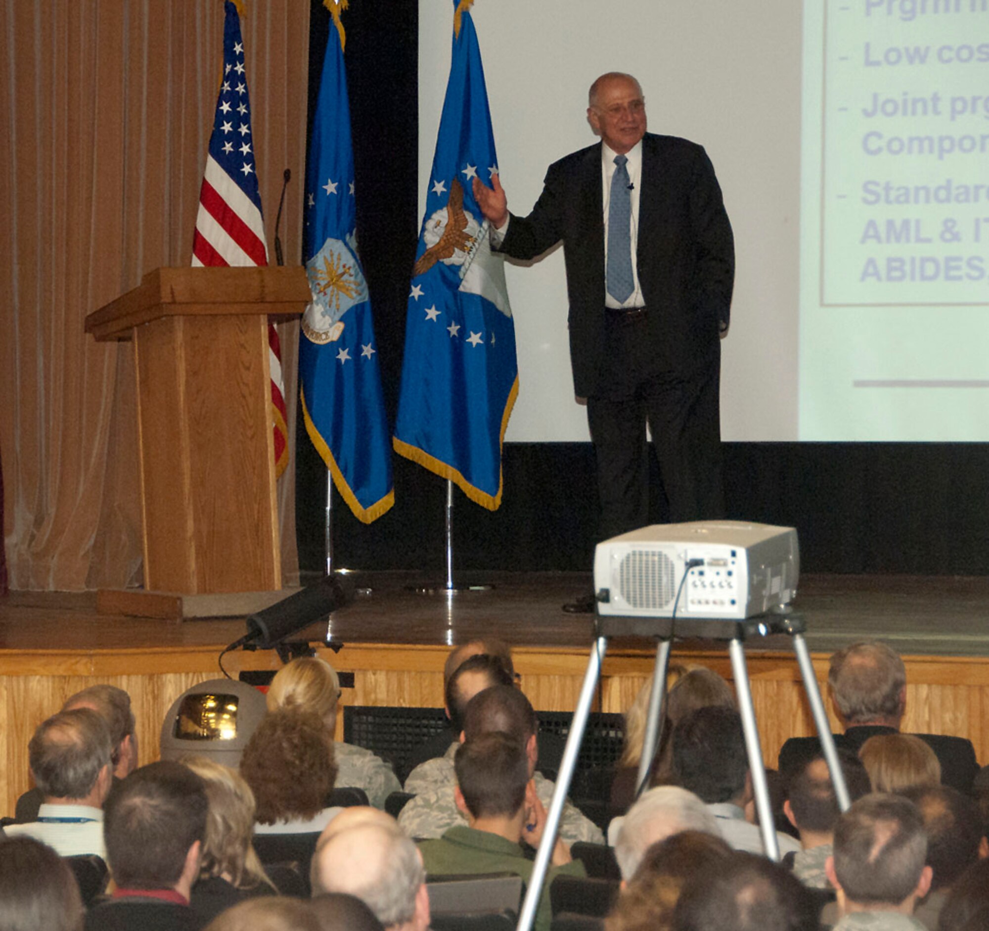 HANSCOM AIR FORCE BASE, Mass. - Blaise Durante, Air Force deputy assistant secretary for Acquisition Integration, presents a town hall meeting at the base theater March 8. Durante is at Hanscom to participate in the Spring Program and Investment Budget Review.  (U.S. Air Force photo by Linda LaBonte Britt)