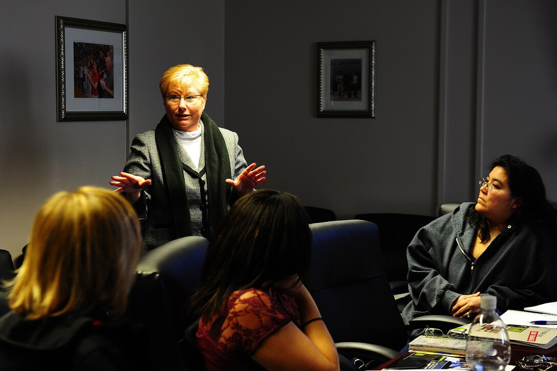 Mrs. Paula Roy, spouse of Chief Master Sgt. of the Air Force James Roy, speaks to Key Spouses at Ramstein Air Base, Germany, March 14, 2012. Mrs. Roy visited the Kaiserslautern Military Community to exchange ideas and discuss Airman and Family Readiness Programs with service members and dependents. (U.S. Air Force photo by Airman Brea Miller)