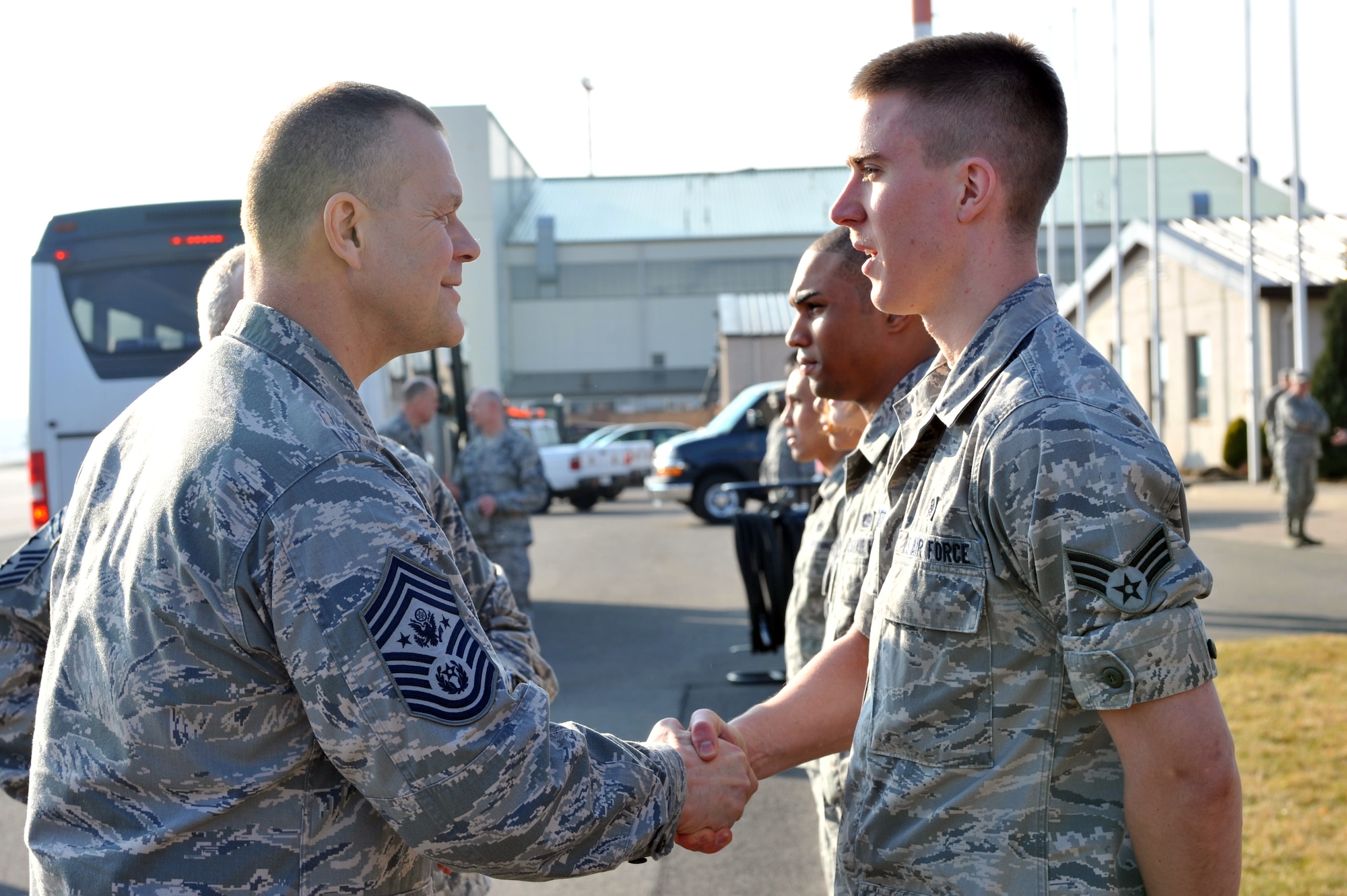 Chief Master Sgt. of the Air Force James Roy meets with Airmen from the 86 Airlift Wing at Ramstein Air Base, Germany, March 14, 2012. Chief Master Sgt. of the Air Force Roy visited several units at Ramstein and Landstuhl. (U.S. Air Force photo/Airman 1st Class Caitlin O'Neil-McKeown) 