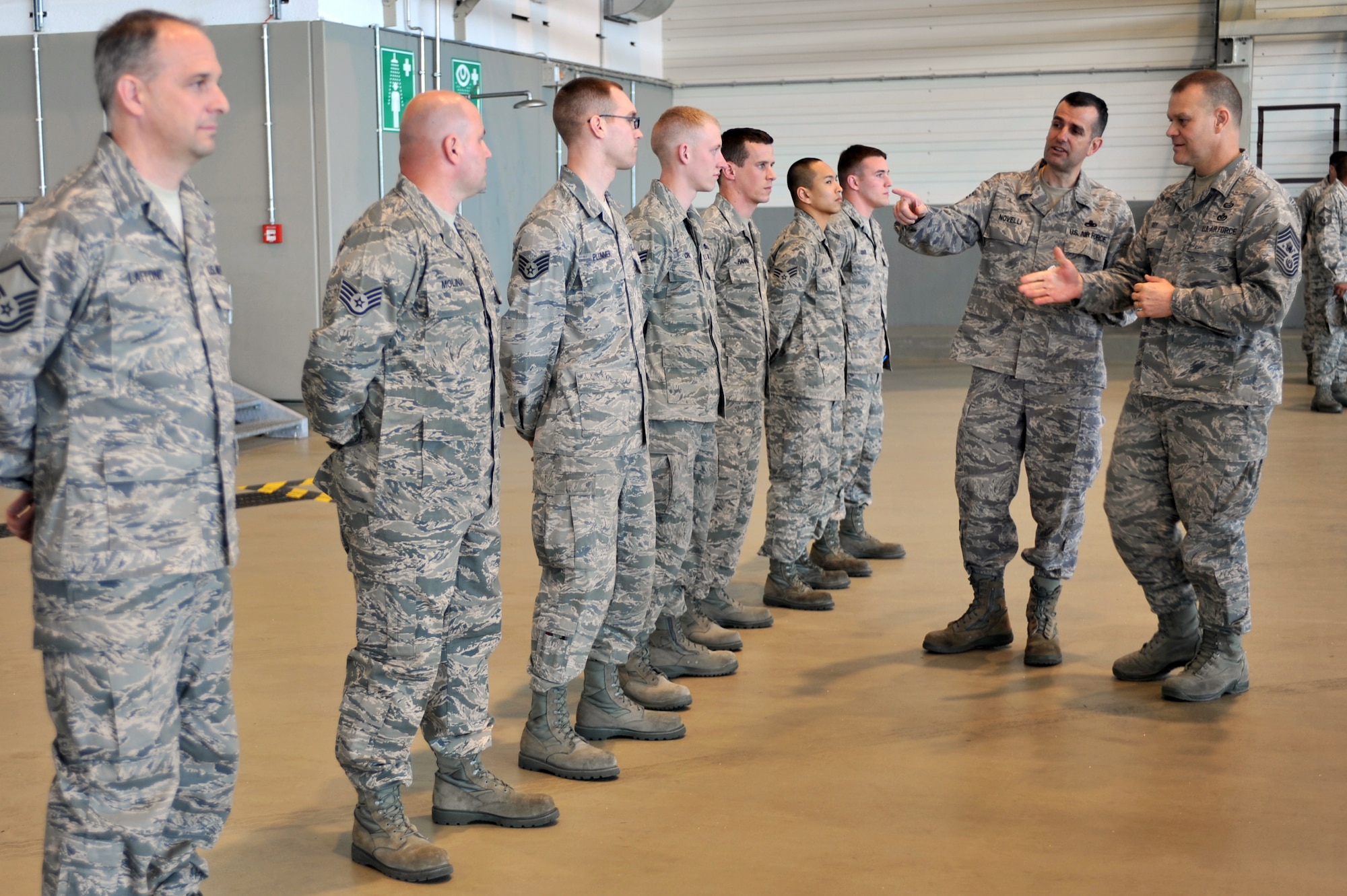 Chief Master Sgt. of the Air Force James Roy meets with Airmen during a 521 Air Mobility Operations Wing tour at Ramstein Air Base, Germany, March 14, 2012. Chief Master Sgt. of the Air Force Roy visited several units at Ramstein and Landstuhl. (U.S. Air Force photo/Airman 1st Class Caitlin O'Neil-McKeown)