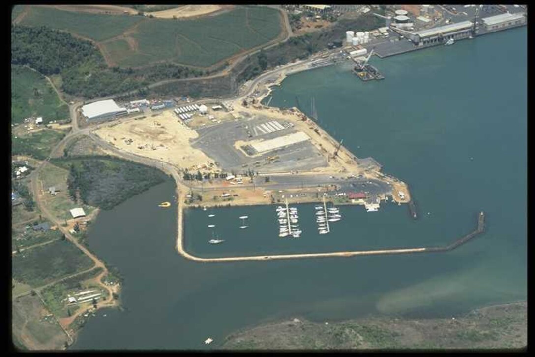 Aerial view of the Nawiliwili small boat harbor. The Corps completed this harbor at Lihue, Kauai in October 1974. 
