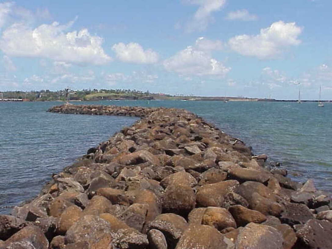 View of 1,458-foot-long revetment for the dike and 453-foot-long breakwater.
