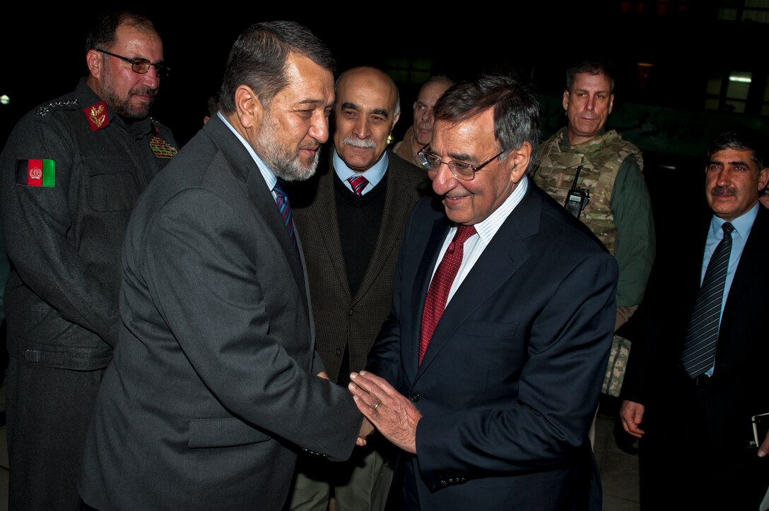 U.S. Defense Secretary Leon E. Panetta talks with Afghan Interior Minister Bismullah Muhammadi Khan in Kabul, Afghanistan, March 14, 2012.