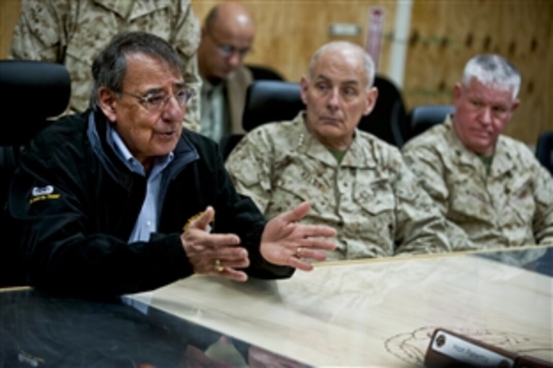 U.S. Defense Secretary Leon E. Panetta meets with Afghan provincial leaders on Camp Bastion, Afghanistan, March 14, 2012. Panetta is on a four-day trip to the region to meet with counterparts, leaders and service members.
