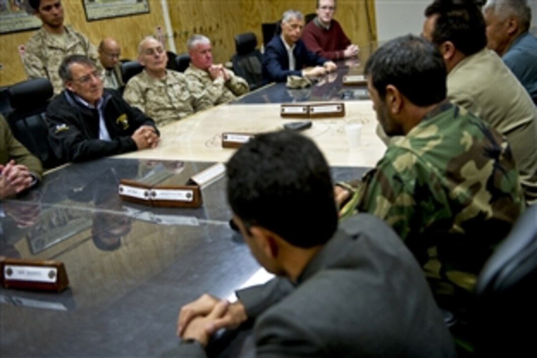 U.S. Defense Secretary Leon E. Panetta meets with Afghan provincial leaders on Camp Bastion, Afghanistan, March 14, 2012. Panetta is on a four-day trip to the region to meet with counterparts, leaders and service members.
