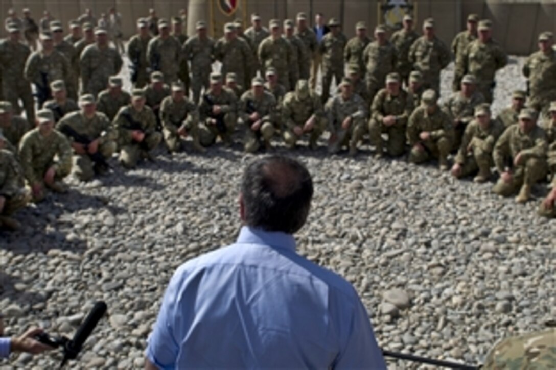 U.S. Defense Secretary Leon E. Panetta addresses Georgian soldiers deployed to Forward Operating Base Shukvani, Afghanistan, March 14, 2012. Panetta is on a four-day trip to the region meeting with counterparts, leaders and service members.
