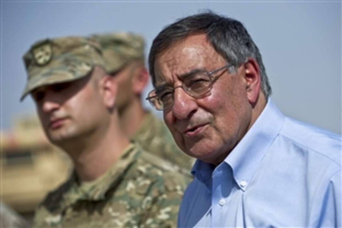 U.S. Defense Secretary Leon E. Panetta addresses Georgian soldiers deployed to Forward Operating Base Shukvani, Afghanistan, March 14, 2012. Panetta is on a five-day trip to the region to meet with counterparts, leaders and service members.