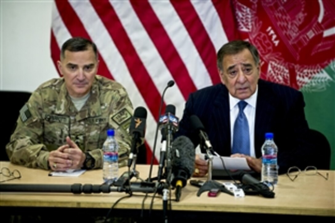 U.S. Defense Secretary Leon E. Panetta conducts a press conference with U.S. Army Lt. Gen. Curtis M. Scaparrotti, commander of the International Security Assistance Force Joint Command, in Kabul, Afghanistan, March 15, 2012.