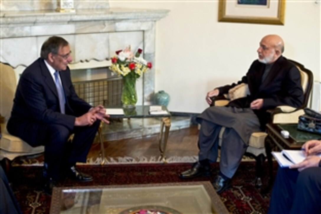 U.S. Defense Secretary Leon E. Panetta meets with Afghan President Hamid Karzai in Kabul, Afghanistan, March 15, 2012.