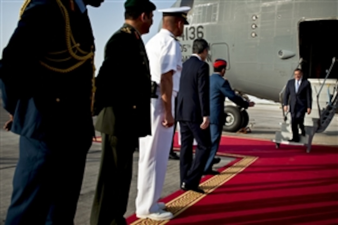U.S. Defense Secretary Leon E. Panetta  arrives in Abu Dhabi, United Arab Emirates, to meet with counterparts, March 15, 2012.