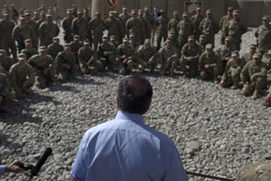 Secretary of Defense Leon E. Panetta addresses Georgian soldiers deployed to Forward Operating Base Shukvani, Afghanistan, on March 14, 2012.  Panetta is on a four-day trip to the region meeting with counterparts, leaders and service members.  