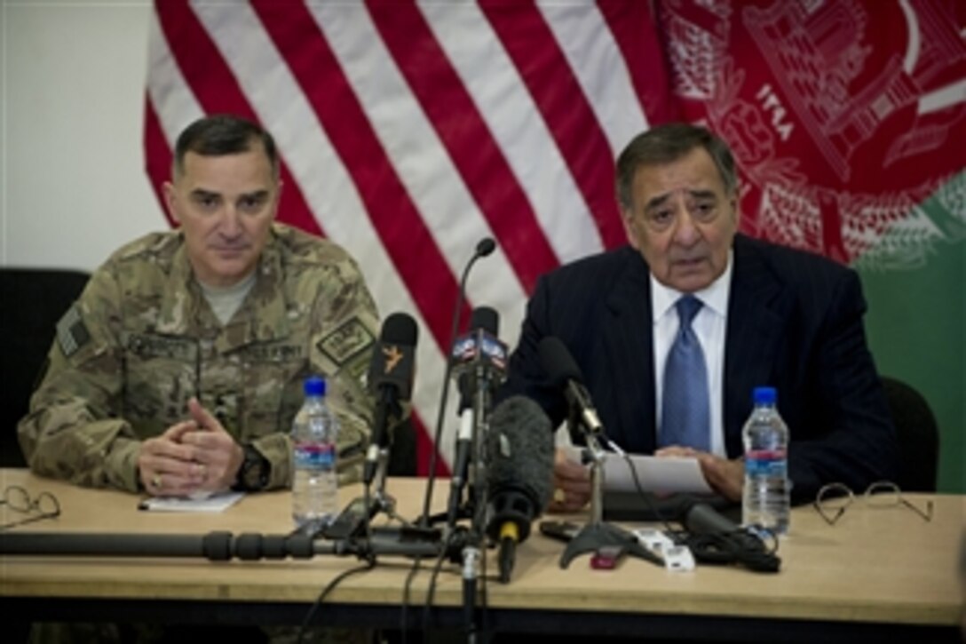 Secretary of Defense Leon E. Panetta conducts a press conference with Commander of International Security Assistance Force Lt. Gen. Curtis Scaparrotti in Kabul, Afghanistan, on March 15, 2012.  