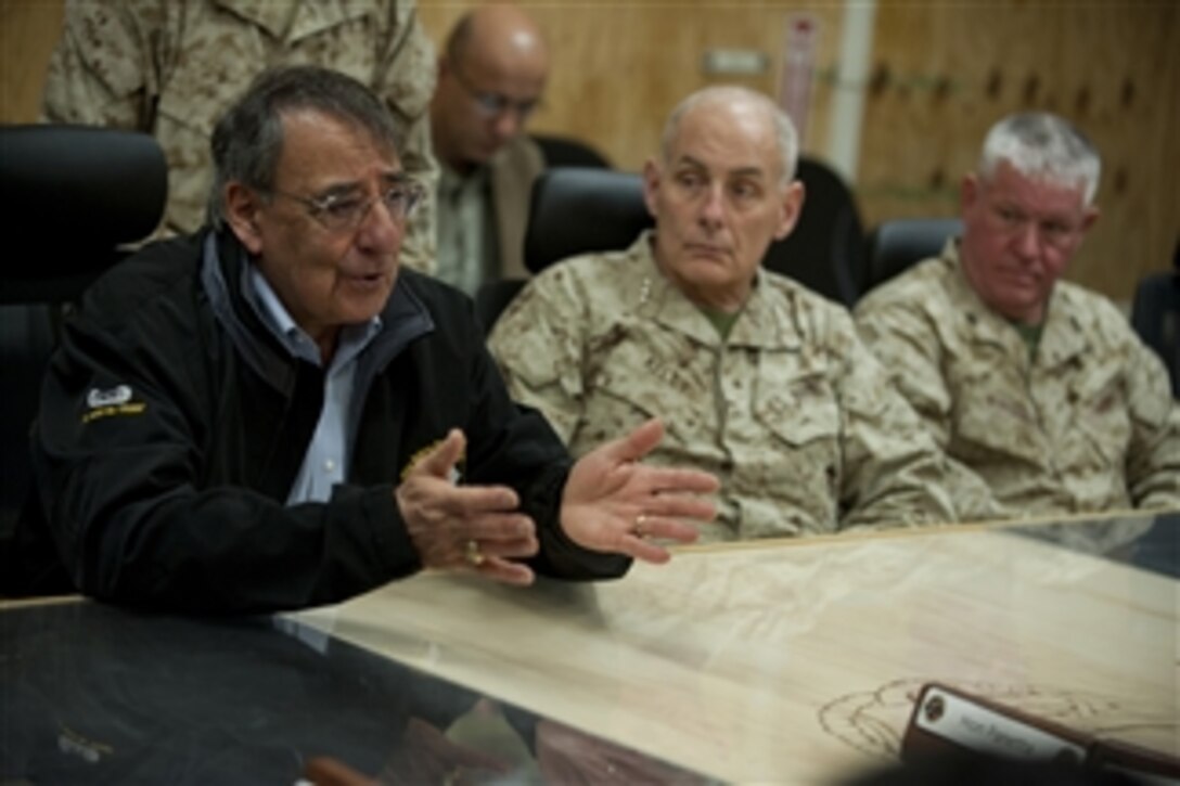 Secretary of Defense Leon E. Panetta holds a meeting with Afghan provincial leaders at Camp Bastion, Afghanistan, on March 14, 2012.  Panetta is on a four-day trip to the region meeting with counterparts, leaders and service members.  