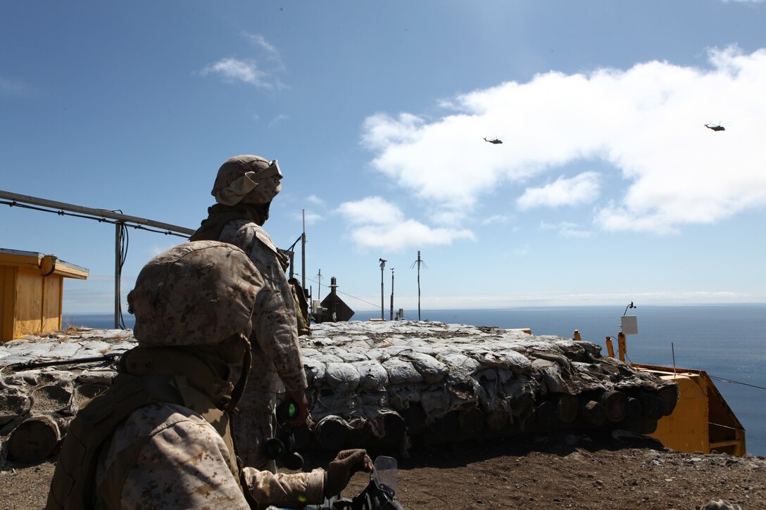 Pfc. Juvahne Bramwell, left, an assistant gunner and a Stephen City, Va., native, and Lance Cpl. Rawshean Haynes, a gunner and a Warren, Ohio, native, both with Alpha Battery, 3rd Low Altitude Air Defense Battalion, spot a notional enemy aircraft on San Clemente, Calif., March 14. The battery Marines use a shoulder-fired Stinger training missile during a training exercise, preparing for future deployments.