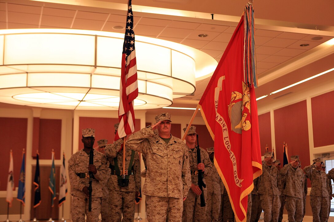 Sgt. Maj. Herbert Wayne Wrench, the sergeant major of 2nd Marine Logistics Group, salutes during his retirement ceremony aboard Camp Lejeune, N.C., March 16, 2012.  Wrench served for 30 years, completing nine deployments, two tours of recruiting duty, and fulfilling multiple billets in addition to his motor transport operator job responsibilities.  (U.S. Marine Corps photo by Cpl. Katherine M. Solano)