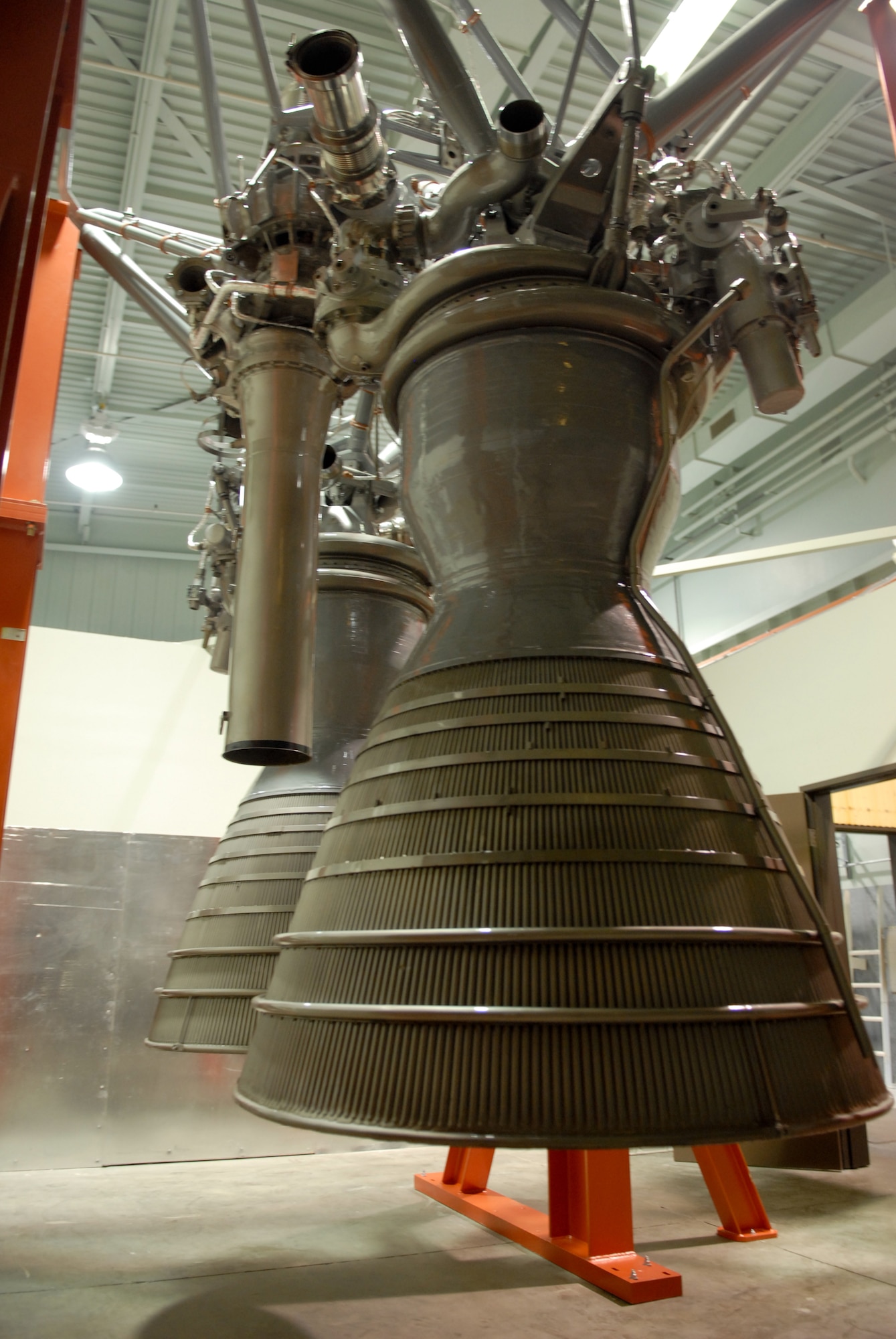 VANDENBERG AIR FORCE BASE, Calif. – A refurbished Titan II engine hangs in Bogart Bay here Thursday, March 8, 2012. Members of the 4th Space Launch Squadron reused surplus materials found around base to complete their training facility. (U.S. Air Force photo/ Jennifer Green-Lanchoney)