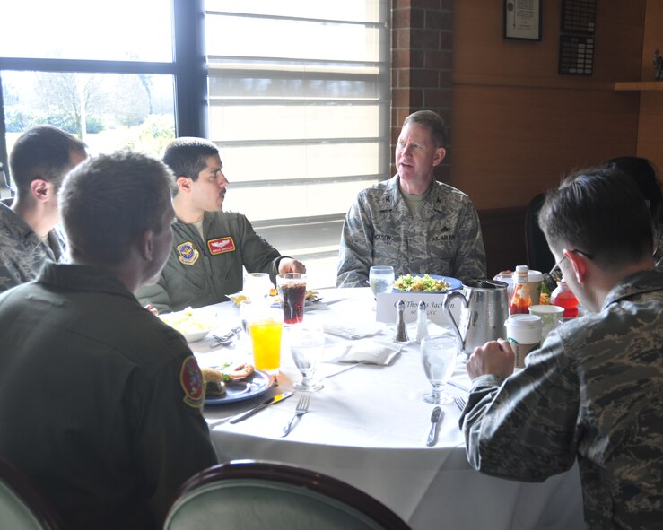 Col. Thomas Jackson, 62nd Maintenance Group commander, provides words of advice to members of the McChord Field Company Grade Officer Council March 16, 2012, at Joint Base Lewis-McChord, Wash. (U.S. Air Force photo/Staff Sgt. Frances Kriss)