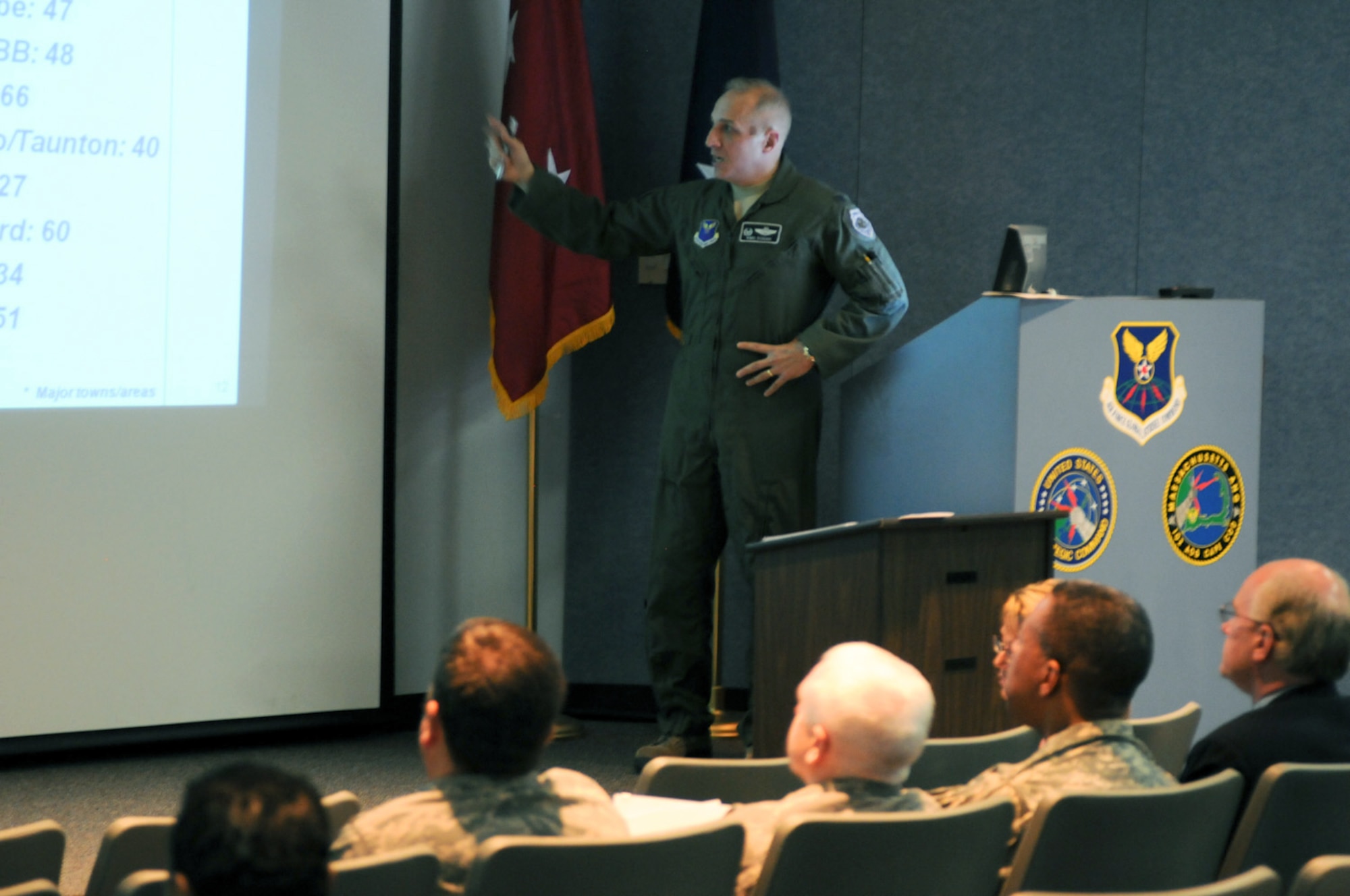 Col. Anthony Schiavi, 102nd Intelligence Wing commander, Otis Air National Guard Base, Mass., conducts a briefing for a group of local state and federal legislative leaders to provide them with a status update on the wing and its future objectives here, March 16. The group also took a tour of the 102nd Air Operations Group and a Joint Incident Site Communications Capability (JISCC) facility here. (National Guard photo by Tech. Sgt. Kerri Cole/Released)