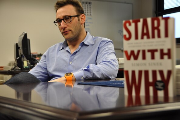 Simon Sinek, motivational speaker and author of "Start with Why," finishes a two-day tour of Travis Air Force Base Tuesday after speaking with Airmen about inspiration and leadership skills. (U.S. Air Force photo/Chief Master Sgt. John Evalle)