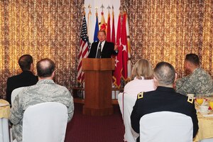 Retired U.S. Army Col. (Chap.) David P. Peterson speaks to Joint Base Langley-Eustis personnel during the National Prayer Breakfast at Fort Eustis, Va., March 15, 2012. Peterson presented in his speech a reminder to us all about what it means to live freely and have rights in America. (U.S. Air Force photo by Staff Sgt. Ashley Hawkins/Released)