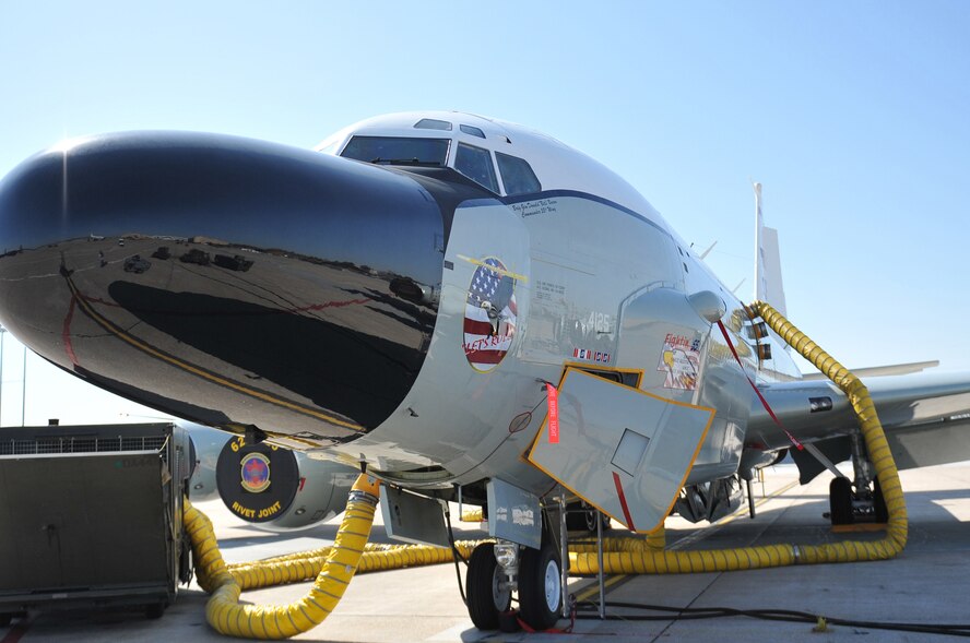 An RC-135V/W Rivet Joint sits on display outside the Bennie Davis Maintenance Facility as the new flagship aircraft of the 55th Wing at Offutt Air Force Base, Neb., March 16. The jet recently returned from being upgraded and was freshly painted with the new wing designator. The flagship aircraft stands as a symbol for every member of the 55th WG. (Photo by Jeff Gates/Released)