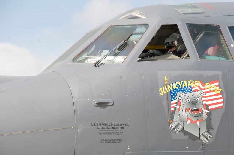 A member of the 20th Bomb Squadron prepares a B-52H Stratofortress for takeoff on Barksdale Air Force Base, La., March 13. Before an aircraft can take off, members of the aircrew receive briefings about their mission, weather forecasts and ensure the aircrew is up-to-date on their training. (U.S. Air Force photo/Airman 1st Class Benjamin Gonsier)(RELEASED)