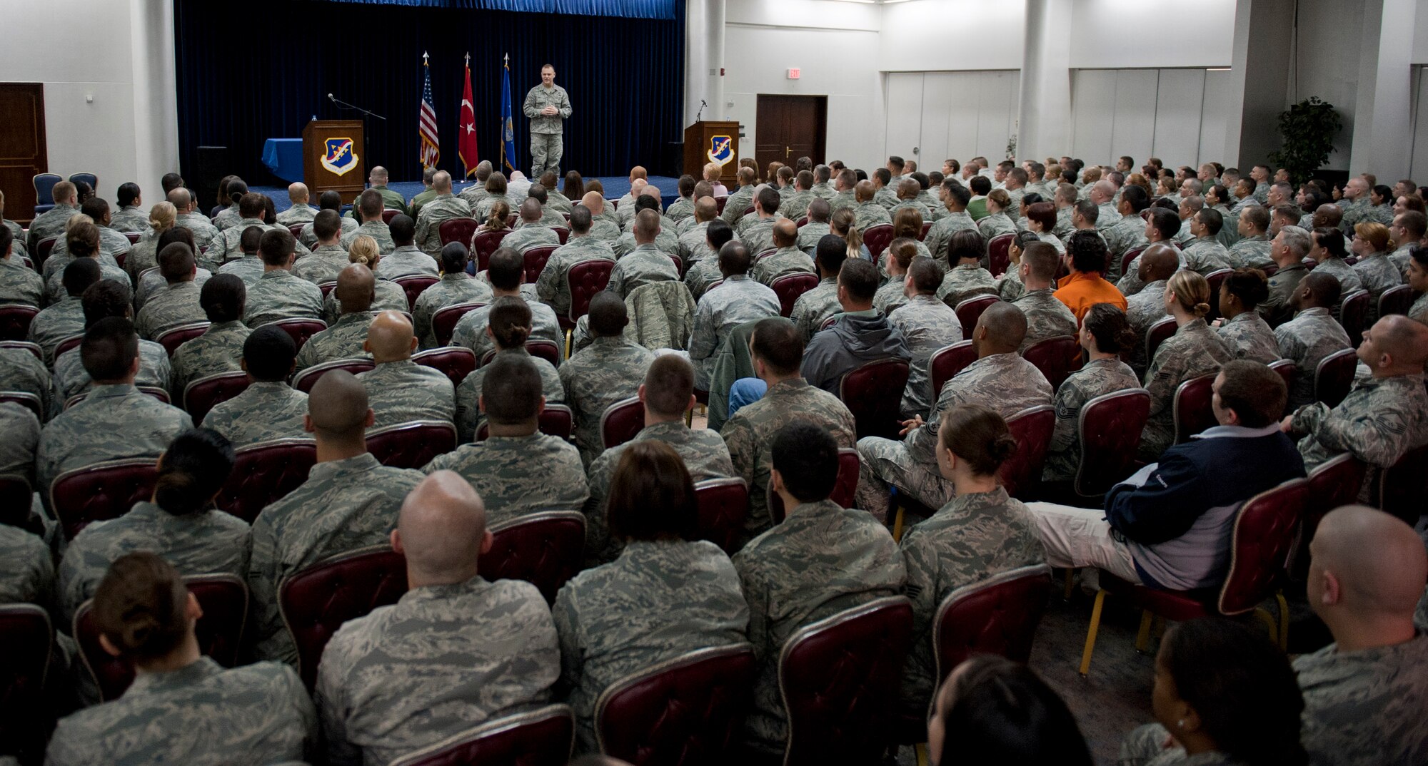 Chief Master Sgt. of the Air Force James Roy, center, discusses the importance of family with Airmen March 16, 2012, at Incirlik Air Base, Turkey. Roy articulated the importance of taking care of families and ensuring they know how much they are appreciated for the sacrifices they make. (U.S. Air Force photo by Senior Airman Anthony Sanchelli/Released)
