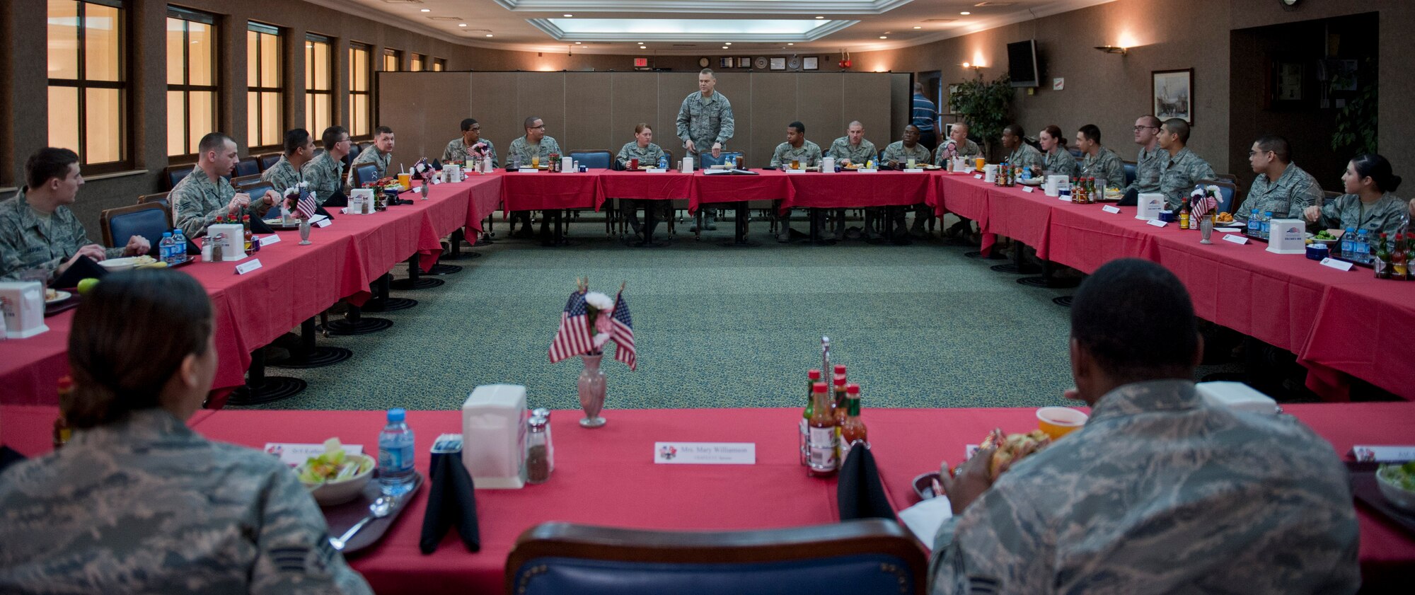 Chief Master Sgt. of the Air Force James Roy, standing, discusses enlisted performance reports and the importance of feedback with Incirlik first-term Airmen and airman leadership school students March 16, 2012, at Incirlik Air Base, Turkey. Roy stressed the importance of conducting feedback sessions on time, as well as being fair and accurate with the EPR system. (U.S. Air Force photo by Senior Airman Anthony Sanchelli/Released)
