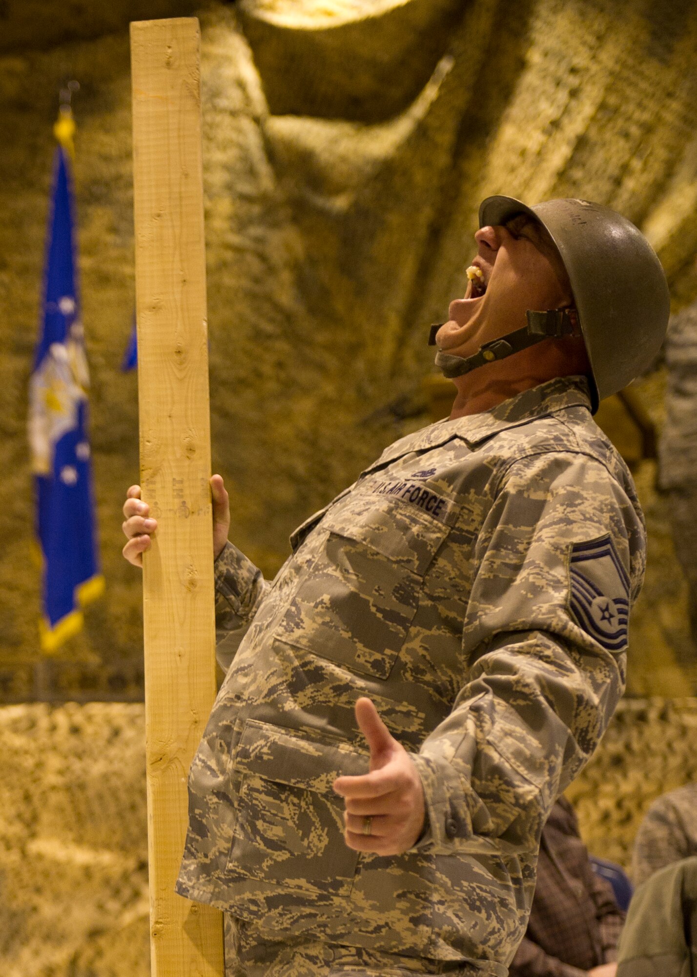 HOLLOMAN AIR FORCE BASE, N.M. – Senior Master Sgt. Chadwick Luquette, 49th Maintenance Operation Squadron maintenance officer, sounds off during the Maintenance Professional of the Year ceremony. The MPOY recognizes and congratulates maintenance airmen on a job well done throughout the year. (U.S. Air Force photo by Airman 1st Class Michael Shoemaker/Released)