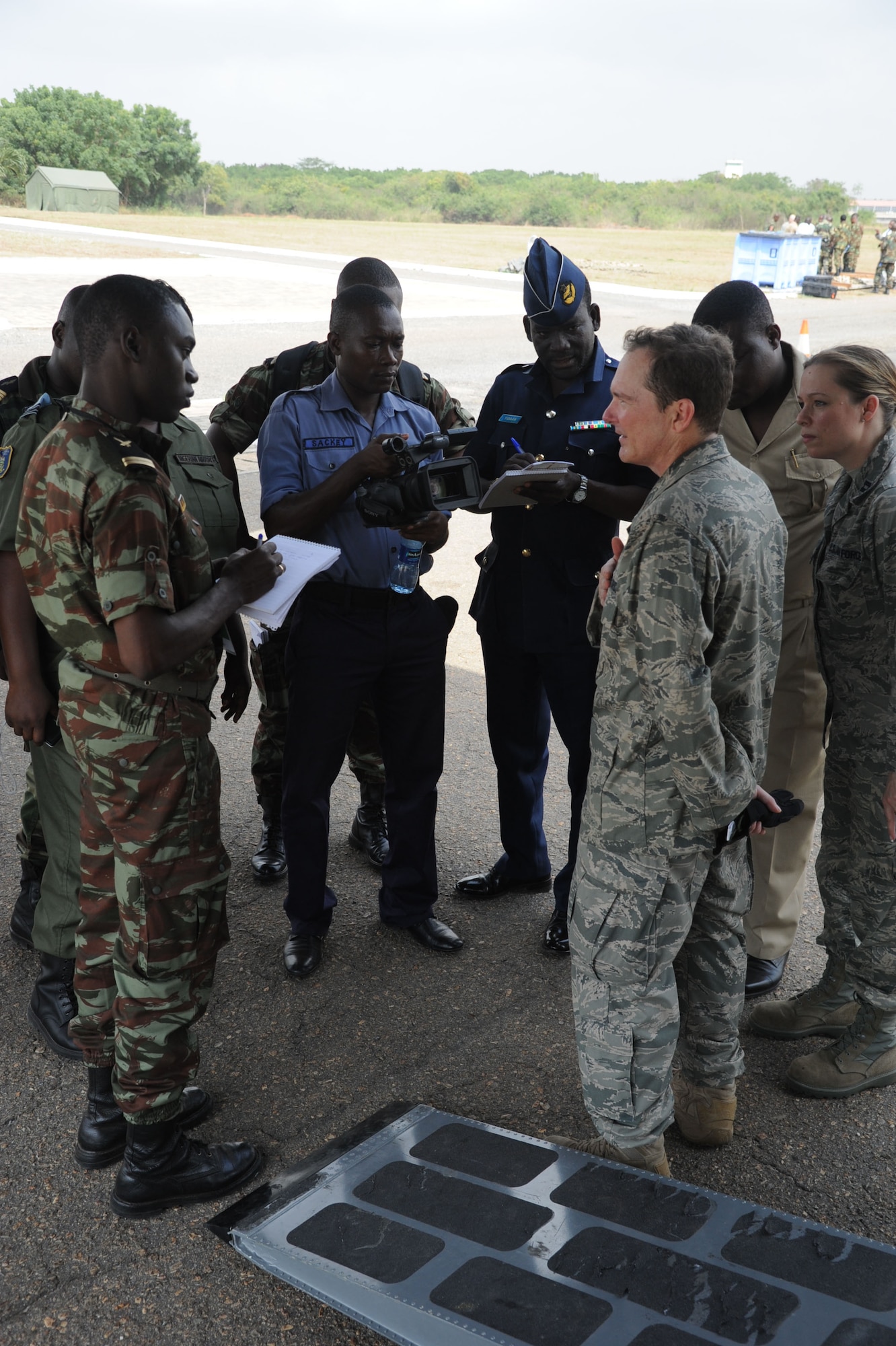 Maj. James Ford, 818th Mobility Support Advisory Squadron, undergoes an interview from participants studying public affairs during the Inaugural African Partnership Flight event March 14 in Accra, Ghana. (U.S. Air Force photo by Capt. Brooke Brzozowske/Released)