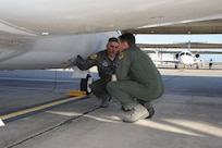 Lt. Col. James Drake (right) and Maj. Kevin Kotula, 99th Flying Training Squadron, make a final inspection prior to the launch of a T-1 Jayhawk aircraft on Joint Base San Antonio-Randolph, Texas March 6. The 99th FTS is an important part of the Pilot Instructor Training program at JBSA-Randolph. (U.S. Air Force photo by Rich McFadden) (released)