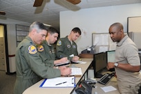 (from left to right) Lt. Col. James Drake, Maj. Kevin Kotula and 1st Lt. Casey Eikhold, 99th Flying Training Squadron, get final instruction from Gary Harris 99th FTS operations desk prior an early morning mission on a T-1 Jayhawk aircraft on Joint Base San Antonio-Randolph, Texas March 6. The 99th FTS is an important part of the Pilot Instructor Training program at JBSA-Randolph. (U.S. Air Force photo by Rich McFadden) (released)