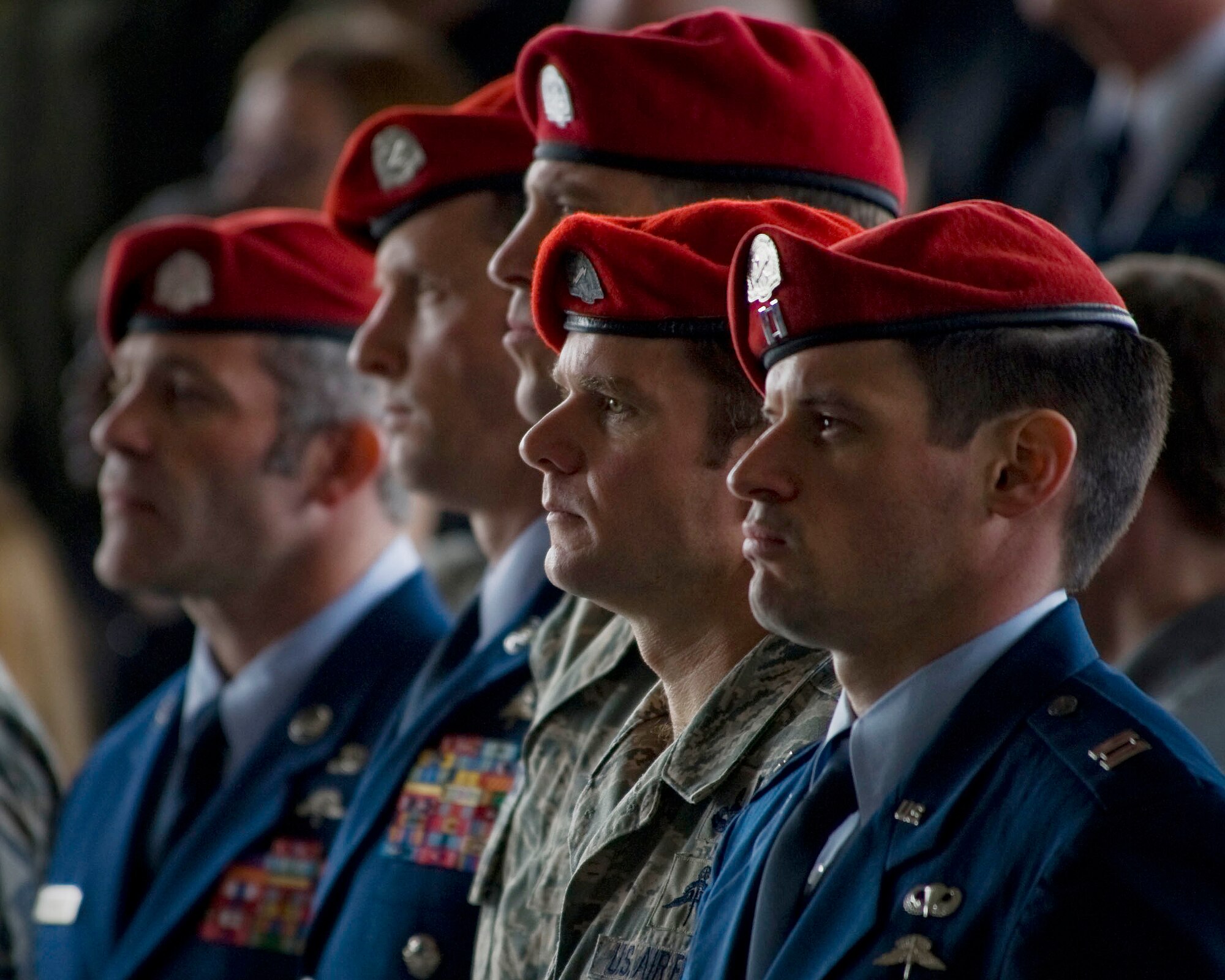 Airmen from the special operations community gather at a memorial service at Hurlburt Field, Fla., Feb. 28, 2012. The ceremony honored the lives of Capt. Ryan P. Hall from the 319th Special Operations Squadron, Capt. Nicholas S. Whitlock and 1st Lt. Justin J. Wilkens from the 34th Special Operations Squadron, and Senior Airman Julian S. Scholten from the 25th Intelligence Squadron. The Airmen all died in a Feb. 18, 2012, U-28A crash in Djibouti. (U.S. Air Force photo/Staff Sgt. Vanessa Valentine)