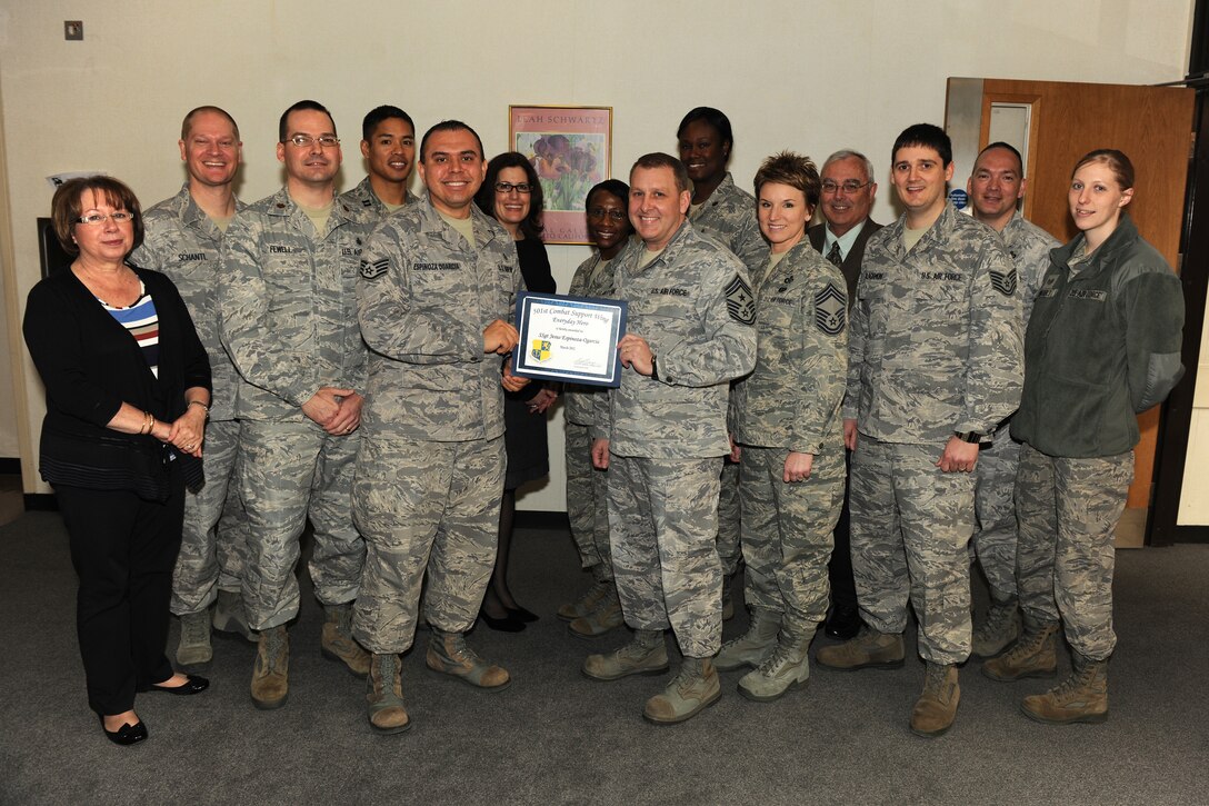 RAF UPWOOD, United Kingdom -  Staff Sgt. Jesus Espinoza-Ogarcia, 423rd Medical Squadron, was named the March 501st Everyday Hero from the 423rd Air Base Group. Espinoza-Ogarcia was vital to the development and implementation of training for the recent resiliency stand down day. (U.S. Air Force photo by Senior Airman Joel Mease)

