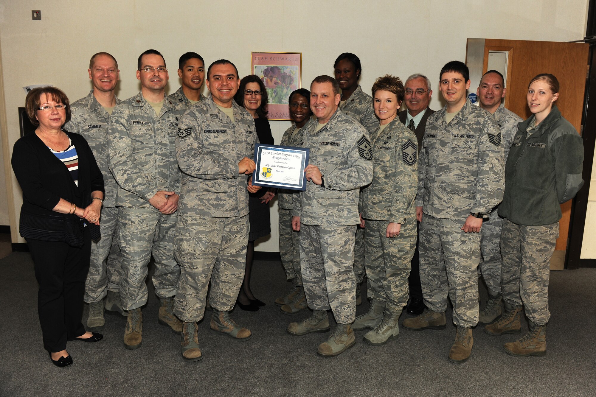 RAF UPWOOD, United Kingdom -  Staff Sgt. Jesus Espinoza-Ogarcia, 423rd Medical Squadron, was named the March 501st Everyday Hero from the 423rd Air Base Group. Espinoza-Ogarcia was vital to the development and implementation of training for the recent resiliency stand down day. (U.S. Air Force photo by Senior Airman Joel Mease)

