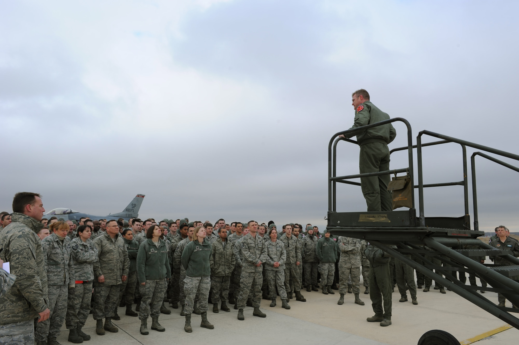KONYA, Turkey -- Lt. Col. Paul Murray, 480th Fighter Squadron commander, speaks to Airmen from Spangdahlem Air Base who participated in Anatolian Falcon 2012 on the flightline here March 14. The U.S. and Turkish air forces were flying together during AF12 in an effort to strengthen relationships and ensure regional peace and stability. (U.S. Air Force photo/Staff Sgt. Benjamin Wilson)