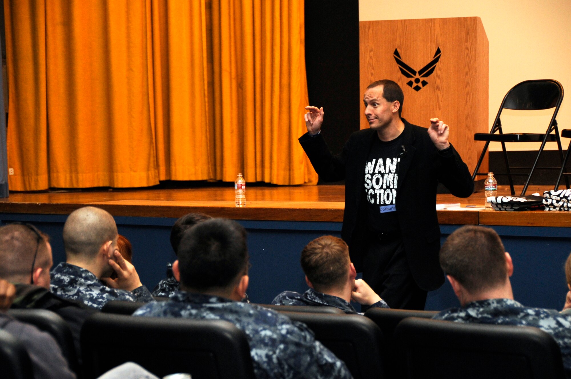 Author Mike Domitrz speaks to servicemembers about preventing sexual assault at Misawa Air Base, Japan, March 16, 2012. Domitrz, whose sister was assaulted years ago, is currently touring the Pacific in support of sexual assault response programs. (U.S. Air Force photo by Airman 1st Class Kaleb Snay/Released)