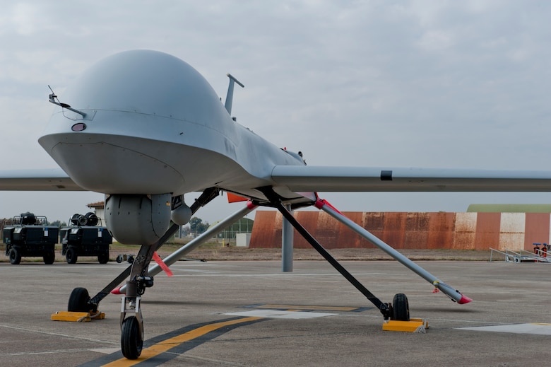 An MQ-1B Predator from the 414th Expeditionary Reconnaissance Squadron sits on the flightline Feb. 14, 2012, at Incirlik Air Base, Turkey. Reactivated Nov. 23, 2011, the 414th ERS dates back to World War II when it was known as the 414th Bombardment Squadron. (U.S. Air Force photo by Senior Airman Anthony Sanchelli/Released)
