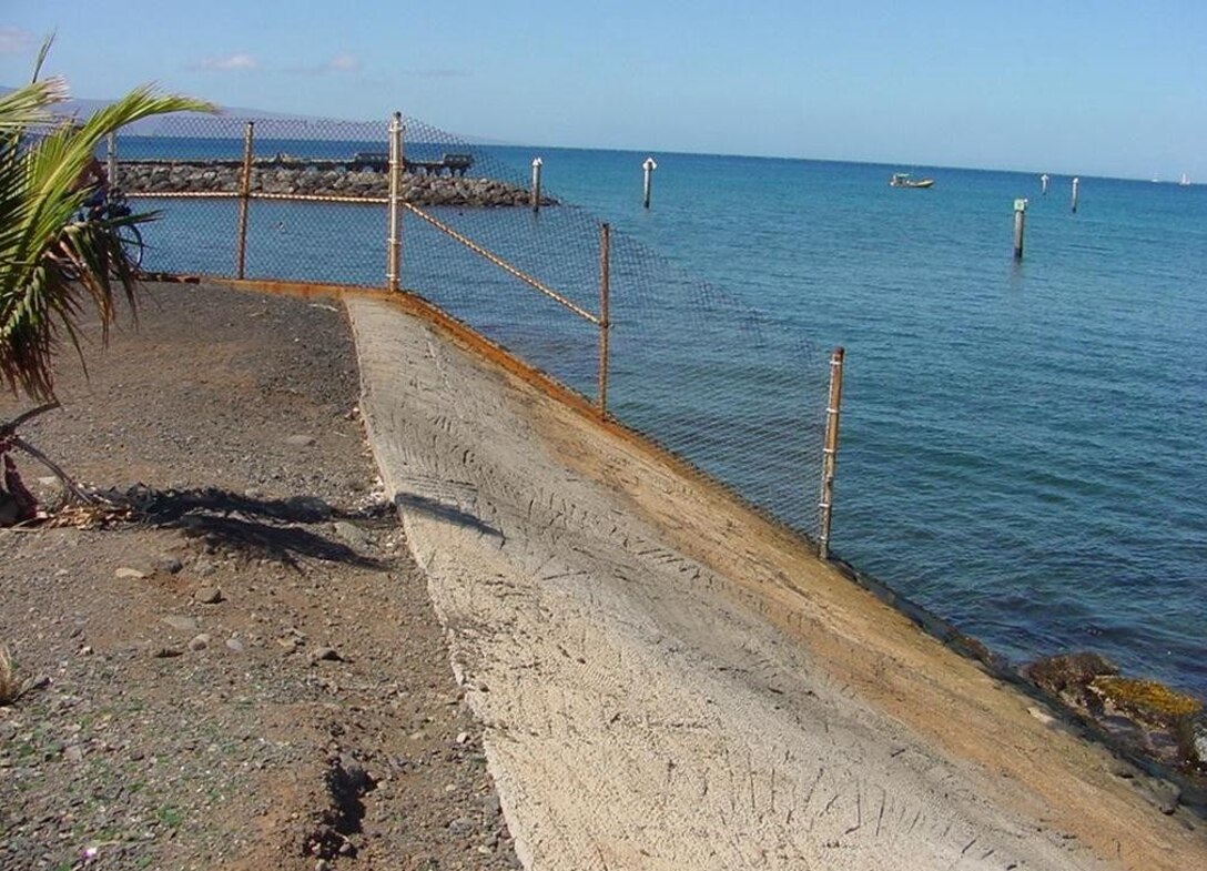 Side slope protection feature on the Lahaina side of the Kahoma Stream Flood Control project. 