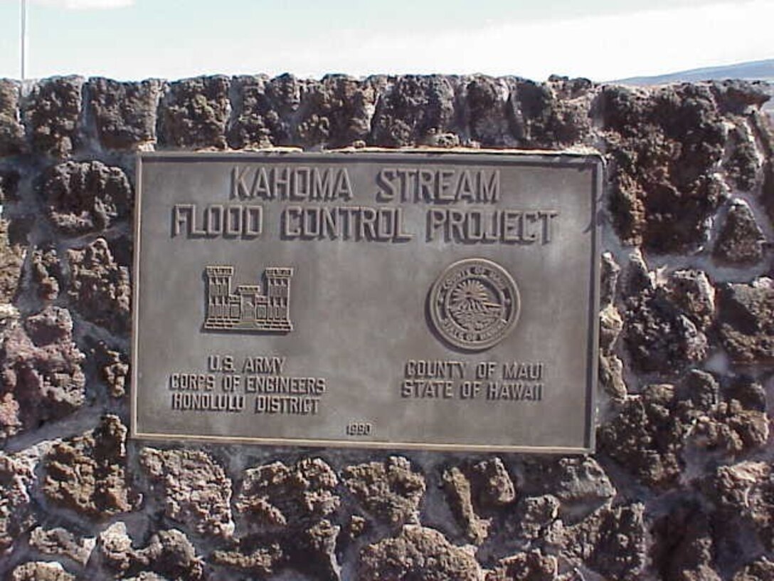Kahoma Stream Flood Control Project sign. 