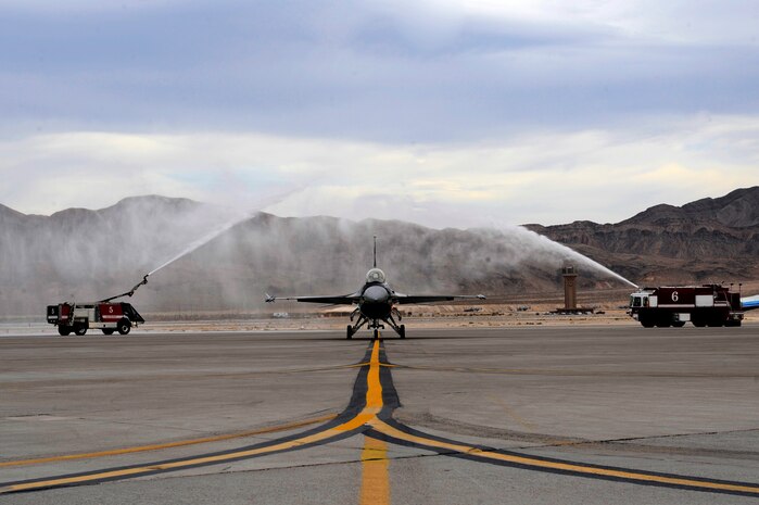 U.S. Air Force Brig. Gen. Terrence O'Shaughnessy, 57th Wing commander, taxis in after his final flight as wing commander March 16, 2012, at Nellis Air Force Base, Nev. O'Shaugnessy was responsible for 38 squadrons at 12 installations comprising the Air Force's most diverse flying wing. (U.S. Air Force photo by Staff Sgt. Christopher Hubenthal) 