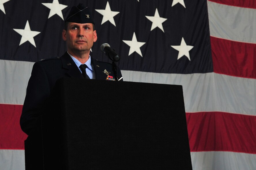 U.S. Air Force Col. Clay Hall, 20th Fighter Wing commander, speaks during the change of command ceremony, Shaw Air Force Base, S.C., March 19, 2012. Hall will lead the Air Force's largest F-16 combat wing in its mission to maintain readiness to deploy and employ combat forces in support of operational wartime requirements worldwide. (U.S. Air Force photo by Airman 1st Class Ashley L. Gardner/ Released)

