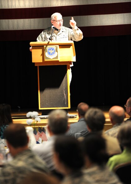 Chaplain (Col.) Gary Linsky, Air Mobility Command chaplain, shares a spiritual message with approximately 300 Team McConnell members during a Commander’s Prayer Luncheon March 16, 2012, McConnell Air Force Base, Kan. Linksy emphasized that Airmen must be spiritually ready to withstand the stresses caused by everyday military life and deployments. (U.S. Air Force photo/ Airman 1st Class Maurice Hodges)