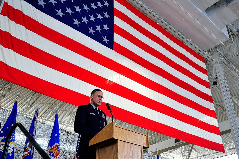 Brig. Gen. Scott Goodwin, former 21st Expeditionary Mobility Task Force commander, speaks during the 21st EMTF inactivation ceremony at Joint Base McGuire-Dix-Lakehurst’s Global Reach Deployment Center March 19.  The inactivation of the 21st EMTF and administrative transfer of the its subordinate units, the 621st Contingency Response Wing and the 521st Air Mobility Operations Wing, to the EC is part of an Air Mobility Command restructuring initiative. (U.S. Air Force photo by Tech. Sgt. Parker Gyokeres/released)