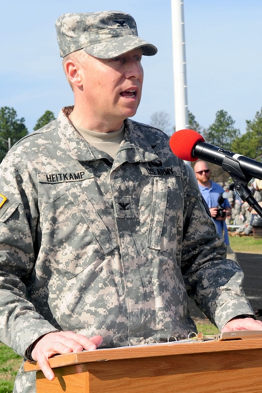U.S. Army Col. Dean Heitkamp, 128th Aviation Brigade commander, addresses the audience during the U.S. Army Aviation Logistics School Inactivation and 128th Aviation Brigade Activation Ceremony at Fort Eustis, Va., March 16, 2012. During the ceremony, the colors for USAALS were cased while the colors for the 128th Avn. Bde. were unfurled. (U.S. Air Force photo by Staff Sgt. Ashley Hawkins/Released)