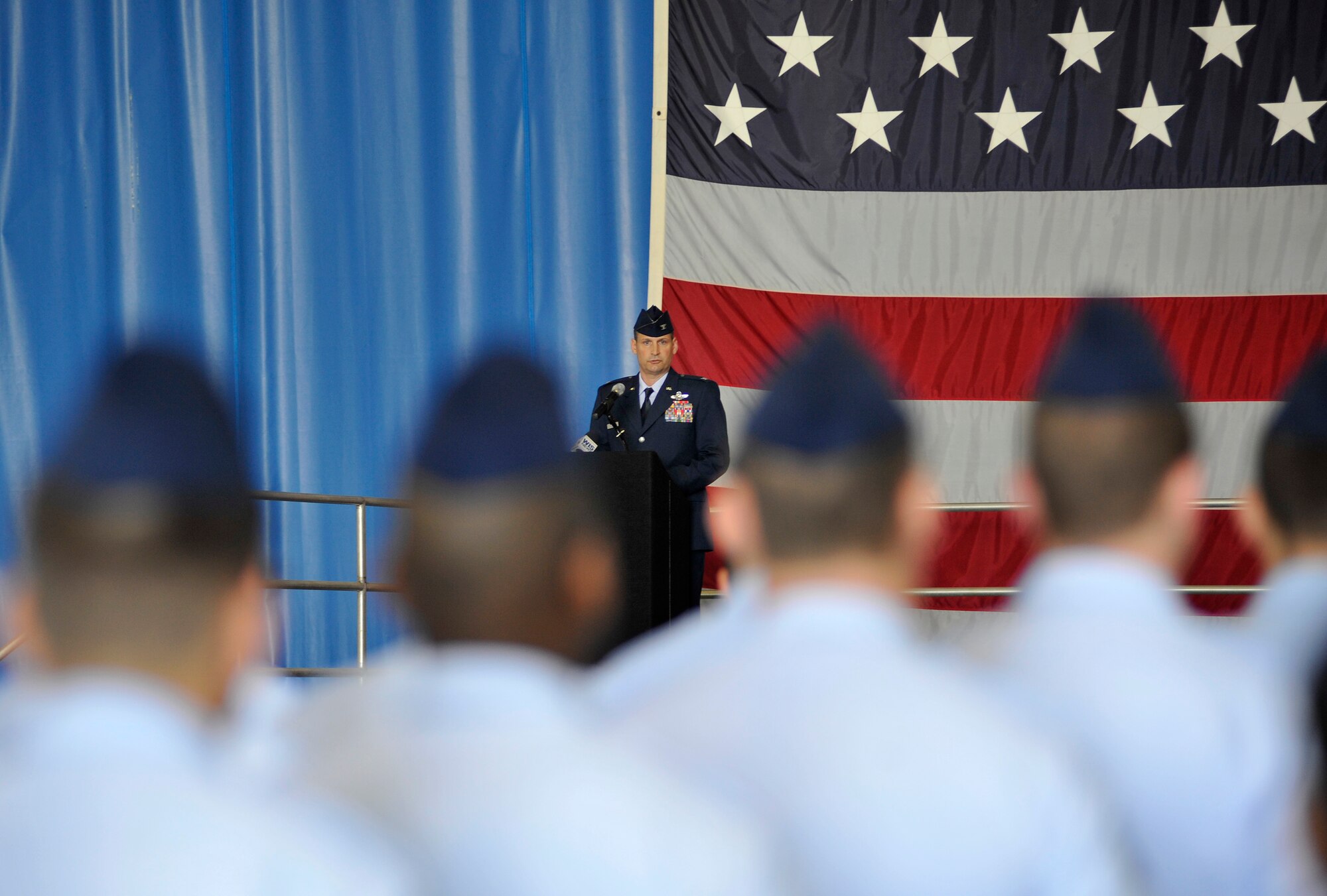 U.S. Air Force Col. Clay Hall, 20th Fighter Wing commander, speaks to the Airmen assigned to the 20th FW after taking command of the unit at a change of command ceremony, March 19, 2012, Shaw Air Force Base, S.C. Hall took command from Col. Charlie Moore, who will proceed to his next assignment commanding the 57th Wing, Nellis Air Force Base, Nev. Prior to taking command of the 20th FW, Hall was serving as the 455th Expeditionary Operations Group commander at Bagram Air Base, Afghanistan. (U.S. Air Force photo by Senior Airman Kenny Holston/Released)


