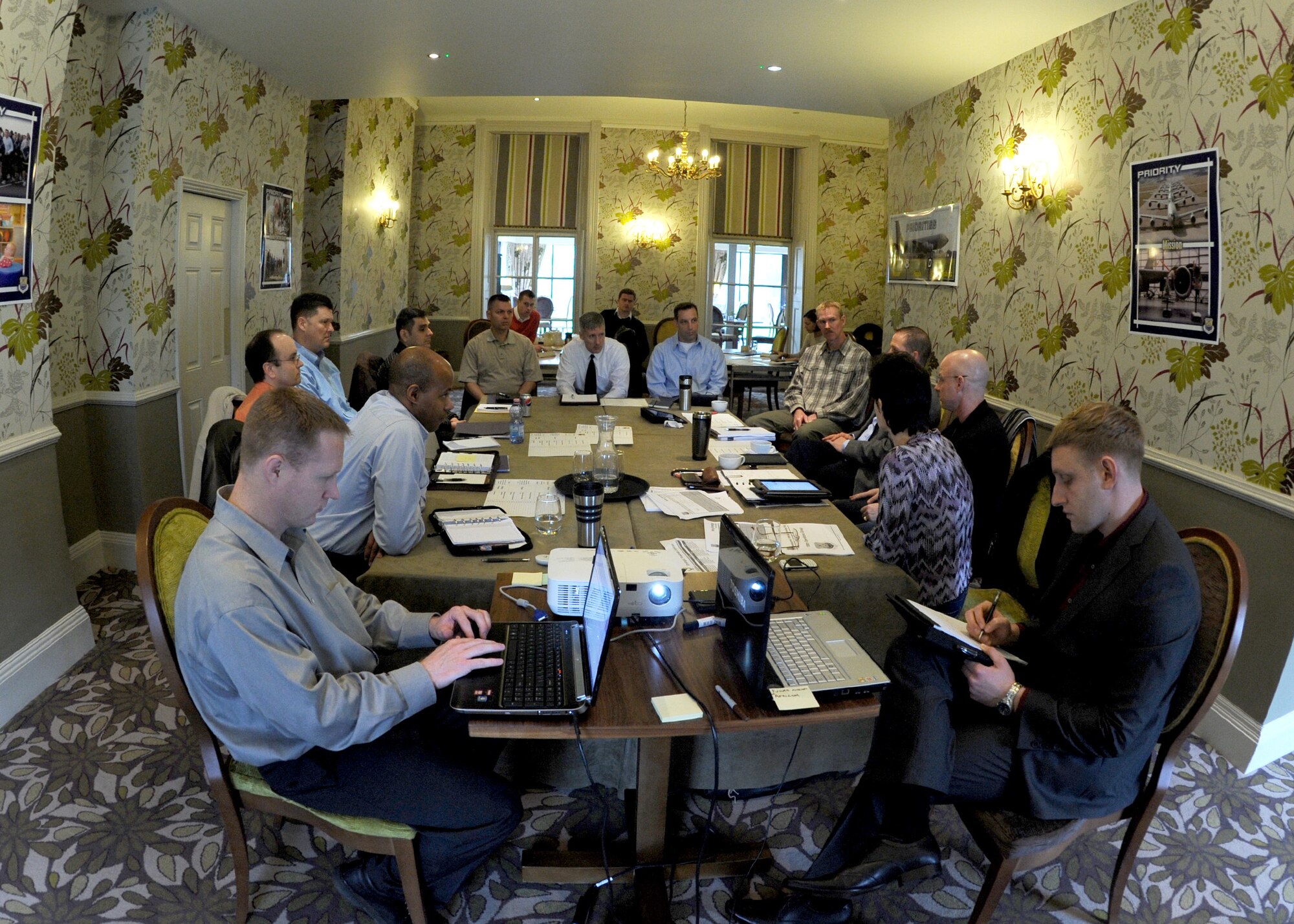 Leaders from across the 100th Air Refueling Wing meet March 15, 2012, to assess their strategic alignment and development plan, a practice used in the military, civilian industry and corporate world to establish overarching themes and goals. Over the course of the year, the objectives will be used to gauge whether the wing mission is being successfully accomplished. (U.S. Air Force photo/Tech. Sgt. Neal X. Joiner)