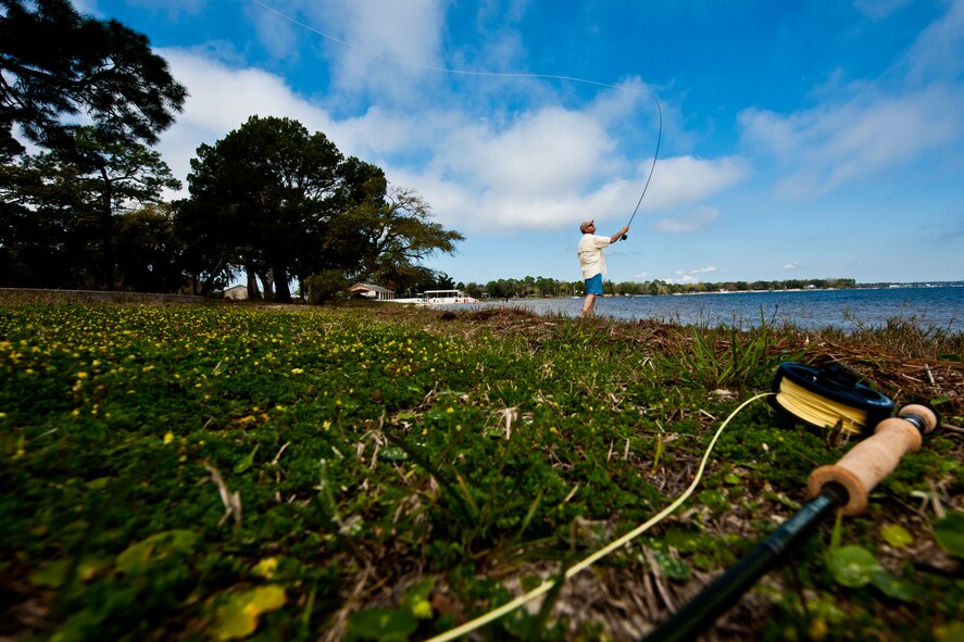 Mark Hayes practices fly-fish casting during a Fly Fishing 101 class at Eglin Air Force Base, Fla., March 17.  Participants were instructed on how to tie lures and hooks and how to cast with the fly fishing rod during the three-hour class.  Outdoor Recreation hosts two more classes April 21 and May 19 from 9 a.m. to noon.  For more information or to sign up, call 882-5058.  (U.S. Air Force photo/Samuel King Jr.)