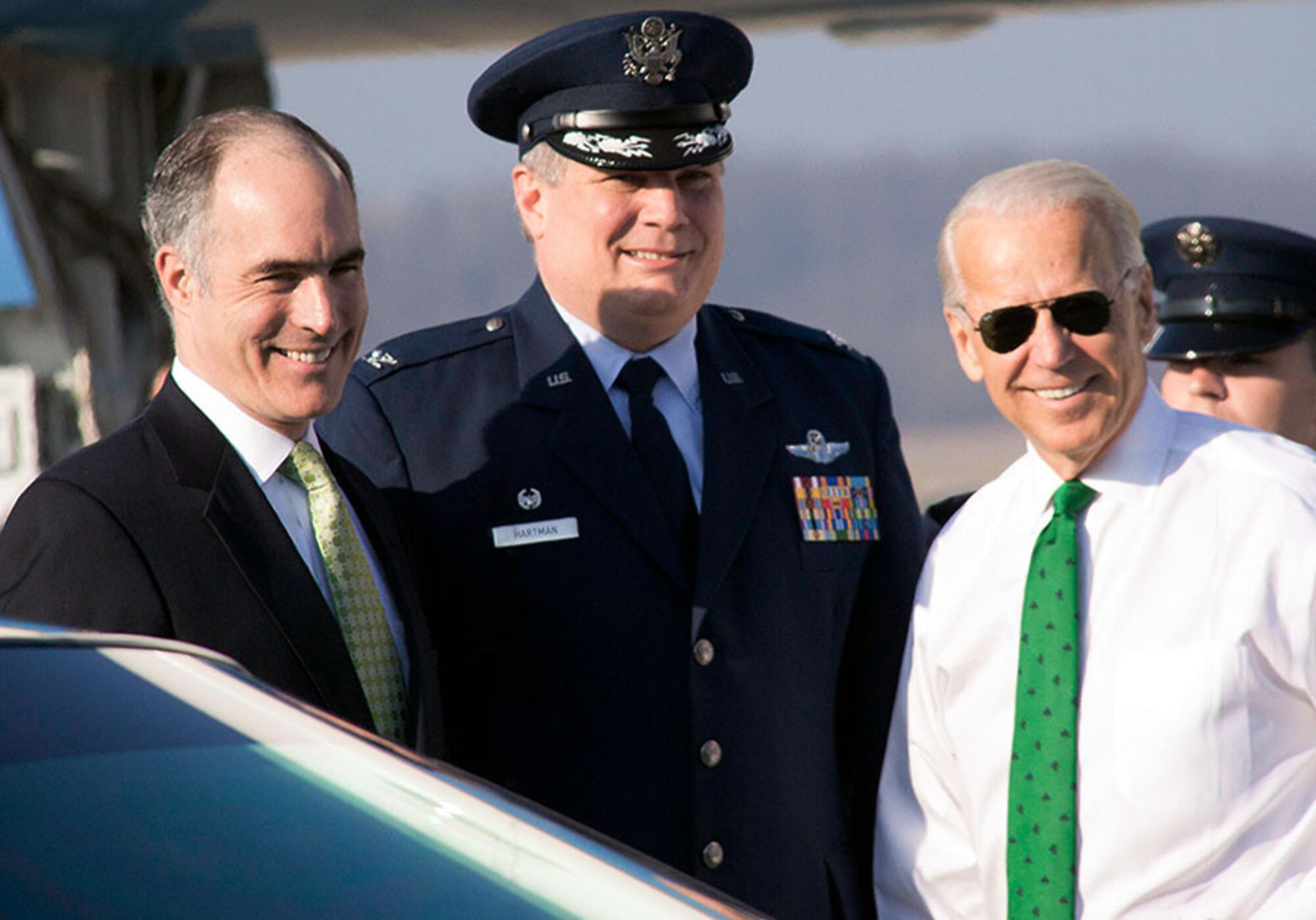 U.S. Sen. Bob Casey Jr., D-Scranton and Col. Daryl Hartman, 911th Operations Group commander greet Vice President Joe Biden upon his arrival to Pittsburgh Mar. 17, 2012. The Vice President landed at Pittsburgh International Airport Air Reserve Station early Saturday morning, where he attended the city’s St. Patrick’ s Day parade as well as taking in some March Madness basketball at the Consol Energy Center. (U.S. Air Force photo by Capt. Shawn M. Walleck/Released)