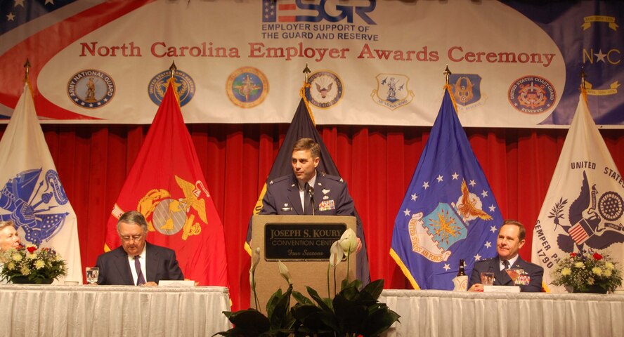 Col. Laen August, 916th Air Refueling Wing commander, welcomes more than 300 people in attendance at the 2012 Annual Employer Recognition Banquet in Greensboro on March 17, 2012. The 916th ARW co-hosted the event with the 440th AW and the NC ESGR committee.  (USAF photo by Maj. Shannon Mann, 916ARW/PA)